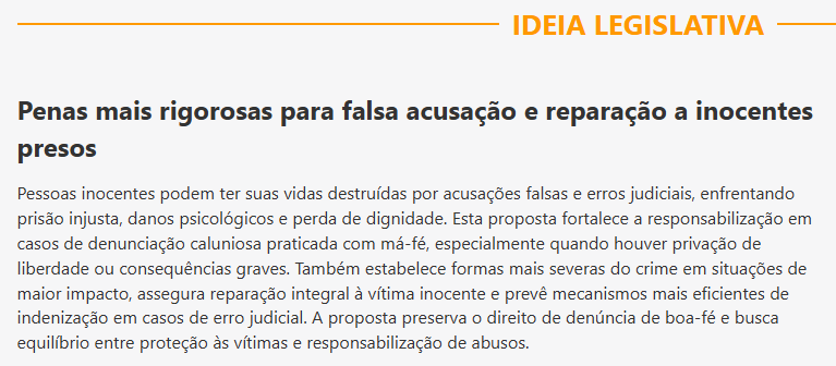 Ideia legislativa registrada no Senado Federal sobre denunciação caluniosa